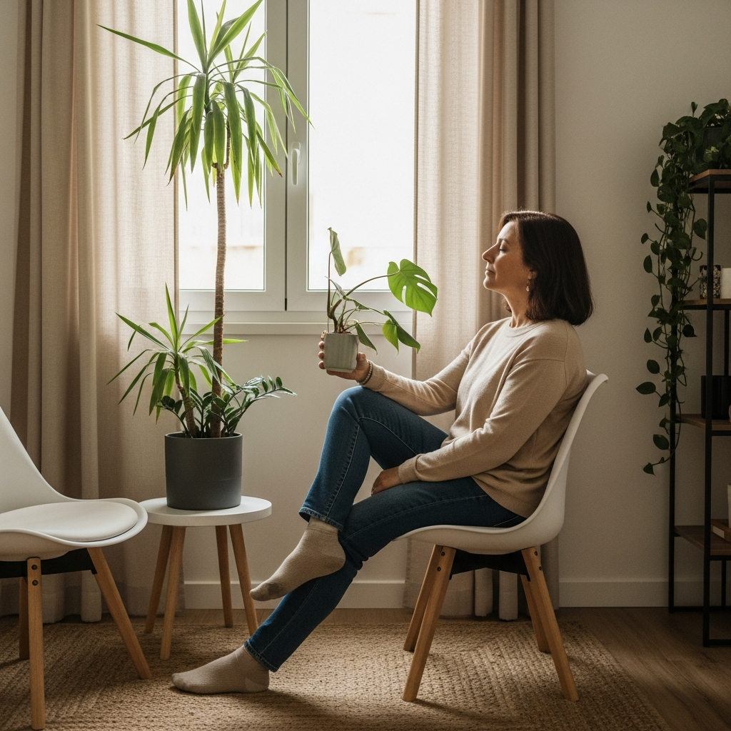Sala de consulta de psicologia acollidora, amb llum natural, dues butaques i plantes, ambient càlid i professional, sense persones